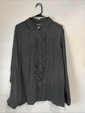 George Black & White Polka Dot 100% Silk Ruffle-Front Blouse Sz 26W/28W Office